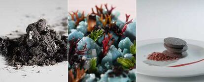 Algunos de los paisajes que recrea Dani García: <b>una montaña dulce </b><i>(Cenizas y piedras),</i> un salado <i>Fondo del mar</i> y el <i>Torcal de Antequera</i> en <i>mouse</i> de chocolate y naranja.