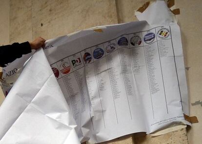 Trabajadores remueven listas electorales de un colegio electoral en Roma (Italia).