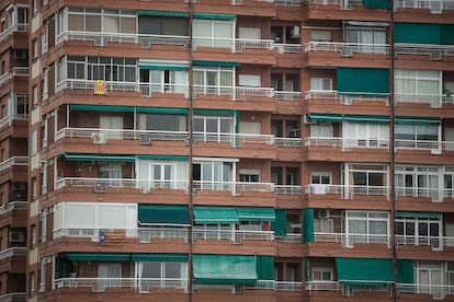 Pro-independence flags hang from an apartment block in Barcelona.