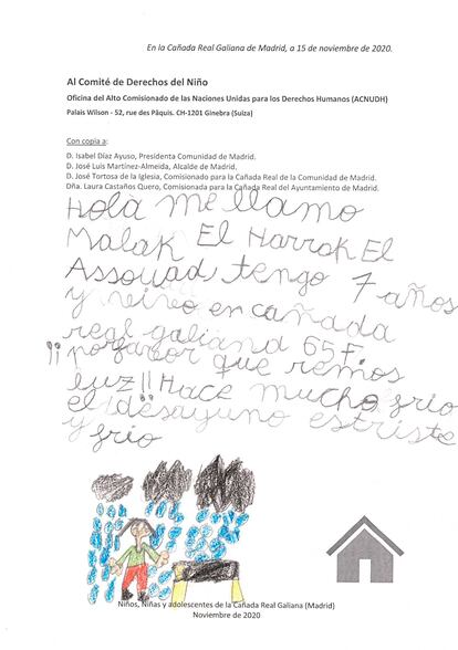 Carta número 32 de niños de la Cañada Real que han mandado a Ayuso, Almeida, los comisionados y  la ONU.