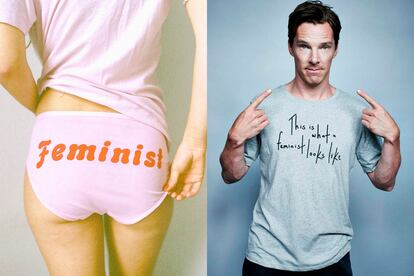 A la izquierda, braguita de Me and you. A la derecha, Benedict Cumberbatch con la polémica camiseta ‘This is what a feminist look like’.