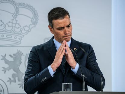 El presidente del Gobierno, Pedro Sánchez, en rueda de prensa en el Palacio de la Moncloa.