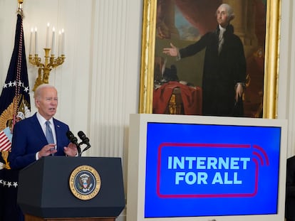 President Joe Biden speaks during an event about high speed internet infrastructure, in the East Room of the White House