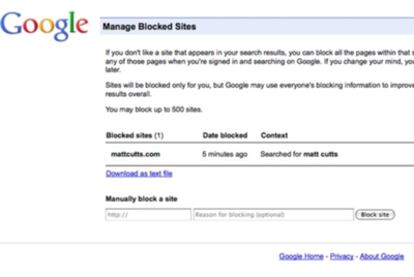 Página de Google para gestionar los sitios bloqueados.