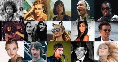 Gente que la montó en Ibiza (de arriba a abajo, izquierda a derecha): Jimi Hendrix, Justin Bieber, Dakota Johnson, David Guetta, Puff Daddy, Fortu (Obús), Pink Floyd, Paris Hilton, Kim Kardashian, Orlando Bloom, Kate Moss, James Blunt, Noel Gallagher, Roman Polanski y Nico.