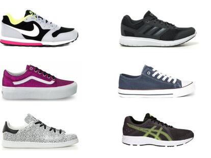 A la izquierda, zapatillas de Nike, Vans y Victoria. A la derecha, modelos de Adidas, Xti y Asics
