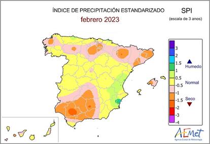 Índice de precipitación estandarizado (SPI) a 36 meses, calculado a finales de febrero de 2023. Valores inferiores a -1 indican sequía meteorológica.