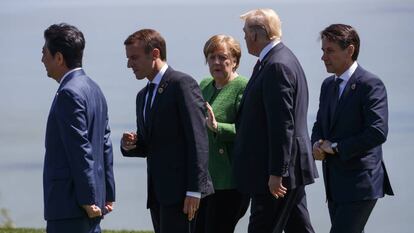 El presidente Trump con la canciller Merkel, el primer ministro Abe, el presidente y el primer ministro Conte.