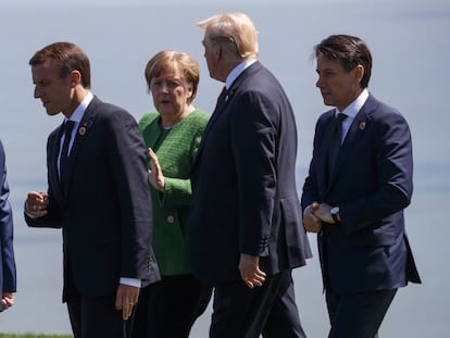 El presidente Trump con la canciller Merkel, el primer ministro Abe, el presidente y el primer ministro Conte.