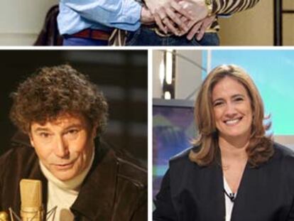 Arriba, escena de <i>Matrimonio con hijos</i> (Cuatro). Abajo, Jesús Quintero (TVE) y Cristina Jiménez (Antena 3).