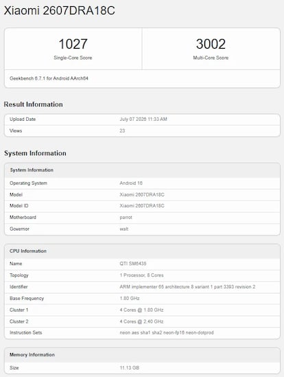 Redmi Note 17 en la prueba Geekbench