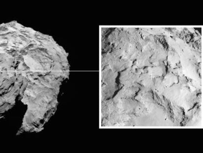 Localizaci&oacute;n del lugar elegido para el descenso de la sonda Philae, de la misi&oacute;n Roseta, en la superficie del cometa 67P/Churyumov&ndash;Gerasimenko.
 