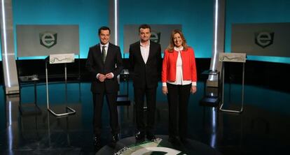 Juan Manuel Moreno, Antonio Maíllo y Susana Díaz, antes del debate en TVE.