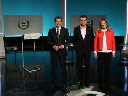 Juan Manuel Moreno, Antonio Maíllo y Susana Díaz, antes del debate en TVE.