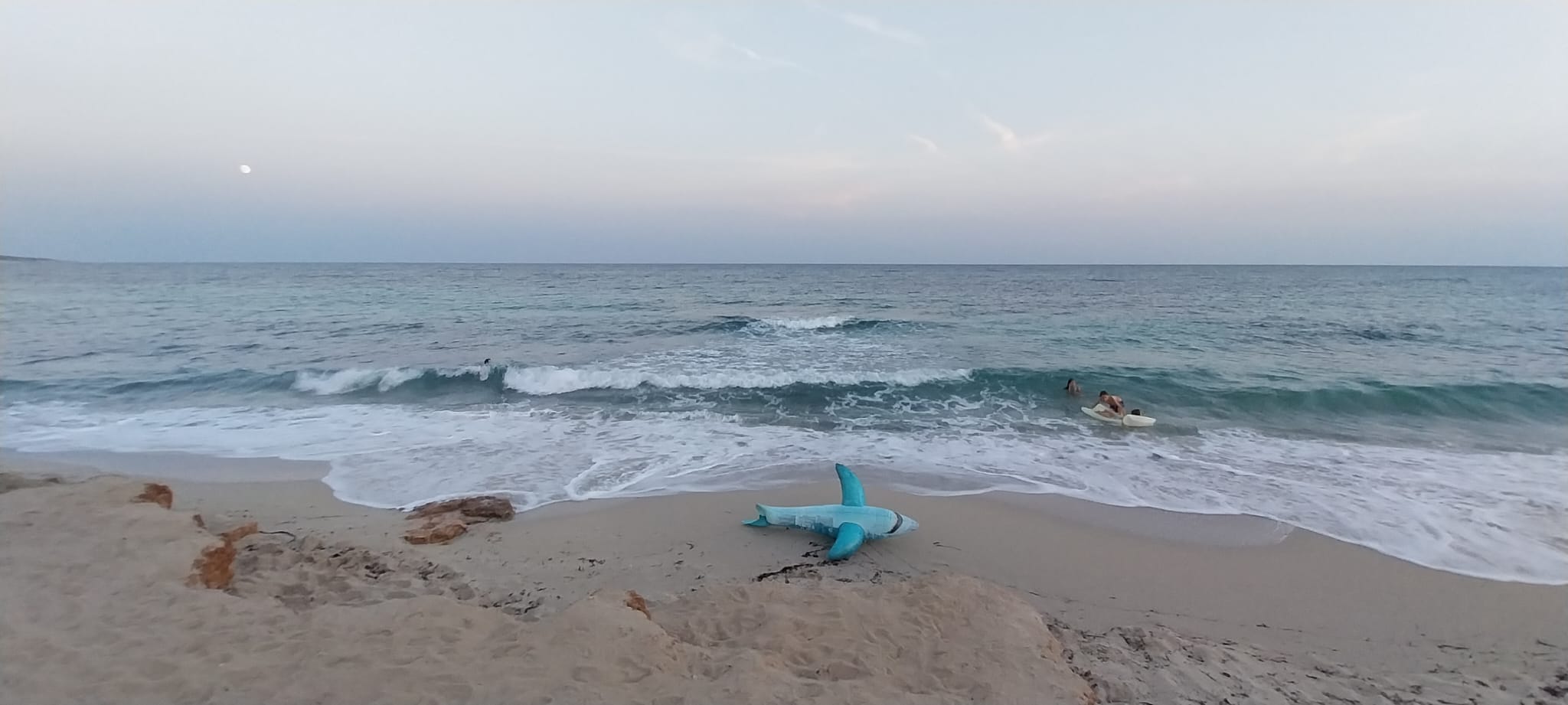 Un tiburón de plástico en la playa de Migjorn de Formentera.