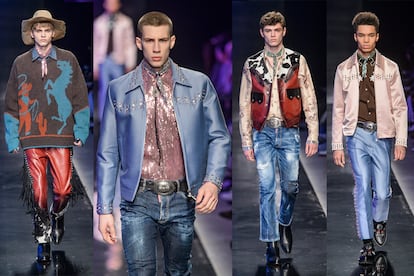 DSquared2 apauesta por un hombre del oeste, con botas de cowboy y chaquetas de flecos y añade camisas de lentejuelas y prendas de satén.