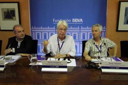 Barceló, Dudgeon y Sabater en la rueda de prensa brindada esta mañana en la Fundación BBVA