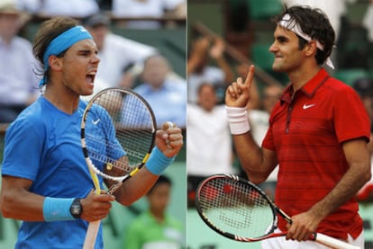 Rafael Nadal y Roger Federer en sus respectivas semifinales de Roland Garros el viernes.