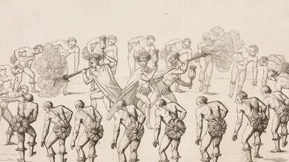Un grabado de un baile en torno a la religión y la guerra de los tupinambas, Brasil, publicado en París en 1837.