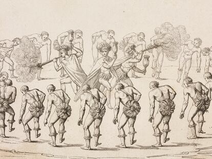 Un grabado de un baile en torno a la religión y la guerra de los tupinambas, Brasil, publicado en París en 1837.
