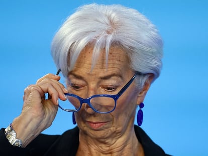 La presidenta del BCE, Christine Lagarde, durante la comparecencia en Fráncfort de este jueves.