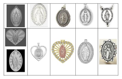 Esta fue la imagen comparativa que se incluyó en la resolución que denegaba inicialmente la patente de tres de los modelos de Santa Barbara Jewelry. El texto que antecedía a la imagen decía que "cuando se considera la forma tradicional en la que se representa a María, queda claro que hay una connotación religiosa en los diseños solicitados", porque "aparecen a primera vista como una medalla milagrosa en la que María es sustituida por una detallada representación de los genitales femeninos", y que eso "se ve reforzado por la forma alargada de los genitales sobre el fondo en cuestión, que es similar a la forma tradicional de María (la posición inclinada de la cabeza y los pliegues de su ropa)".