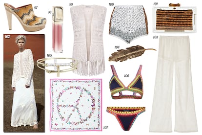 97. Missoni Zueco con print de zigzag. 98. Guerlain Gloss Kiss Kiss. 99. SuiteBlanco Chaleco de punto con flecos. 100. By Marlene Birger Shorts de tiro alto de cuentas y encaje. 101. Charlotte Olympia Clutch transparente con interior y cierre de bamb. 102. Pull & Bear. 103. H&M Pantaln calado. 104. Pluie Horquilla en forma de hoja. 105. SuiteBlanco Pulsera doble con cruces. 106. Kiini Bikini con ribetes de punto. 107. Codello para Egus in Love Pa?uelo con estampado de mariposas en forma del smbolo de la paz.