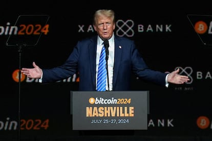 Donald Trump, durante un acto de apoyo a las criptomonedas en julio de 2024.