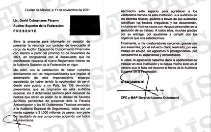 El documento firmado por Gerardo Lozano el pasado 11 de noviembre.