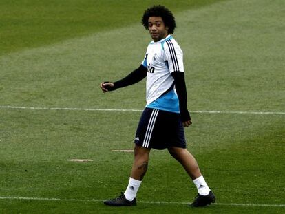 Marcelo, durante el último entrenamiento del equipo en Valdebebas