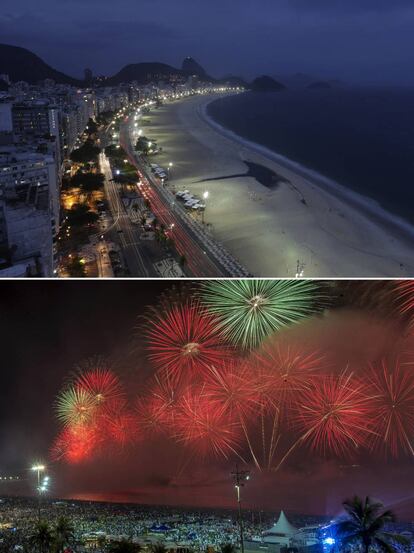 Foto da celebração de Ano Novo na praia de Copacabana vazia no Rio no último dia de 2020, em contraste com a multidão que assistiu ao show de fogos em 31 de dezembro de 2019.