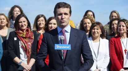 El Líder del PP, Pablo Casado, en un acto con candidatas autonómicas y municipales con motivo de la celebración del 8M. 