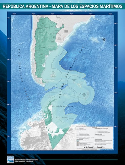 Novo mapa de espaços marítimos elaborado pela Argentina.
