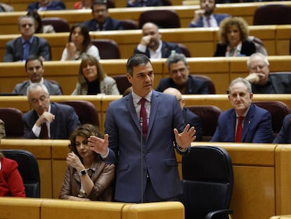 El presidente del Gobierno, Pedro Sánchez, durante la sesión de control celebrada en el Senado este martes.