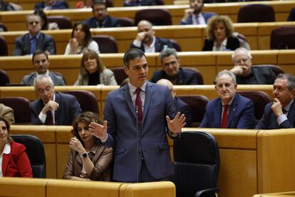 El presidente del Gobierno, Pedro Sánchez, durante la sesión de control celebrada en el Senado este martes.