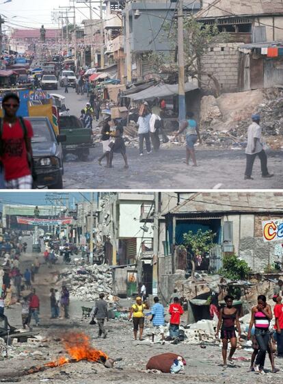 Aquestes imatges mostren el centre de Port-au-Prince el 29 de desembre del 2014 (a dalt) i el 18 de gener del 2010, sis dies després del sisme.