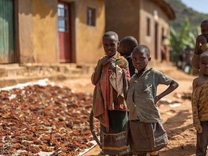 Un grupo de niños junto a una sabana donde secan mijo en una comunidad rural en el distrito de Nyanza, el pasado junio de 2023.