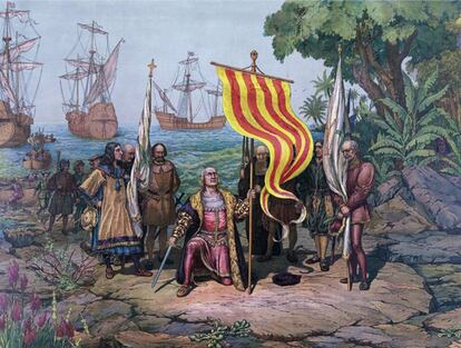 Fotomuntatge a partir d'un dibuix que simbolitza el descobriment d'Amèrica per Cristòfor Colom.