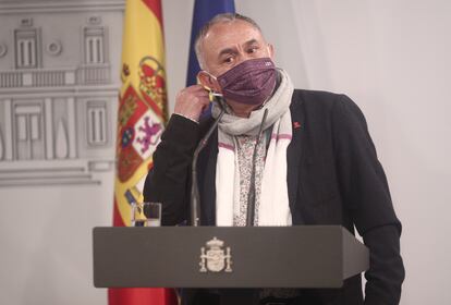 El secretario general de UGT, Pepe Álvarez, comparece en rueda de prensa tras la constitución con el Gobierno de la Mesa de Diálogo Social para la Recuperación, la Transformación y la Resiliencia, en Moncloa, Madrid, el 16 de noviembre.