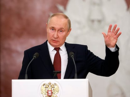 El presidente ruso Vladímir Putin en una conferencia de prensa en el Kremlin.