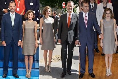 Vestido de piel gris, una de sus apuestas más sensuales de la lista. Le encanta llevarlo con sandalias de serpiente en los mismos tonos. Es de Hugo Boss.