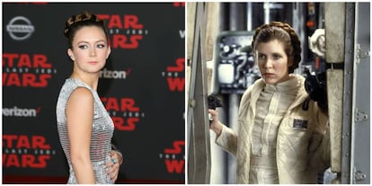Billie Lourd, en el estreno de 'Star Wars: los últimos Jedi' y, a la derecha, Carrie Fisher en una escena de 'Star Wars: Episode V - El imperio contraataca'.