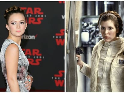 Billie Lourd, en el estreno de 'Star Wars: los últimos Jedi' y, a la derecha, Carrie Fisher en una escena de 'Star Wars: Episode V - El imperio contraataca'.