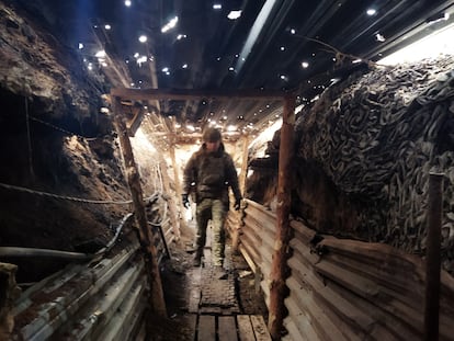A soldier patrolling the trenches along the frontline in Avdiivka on Tuesday.