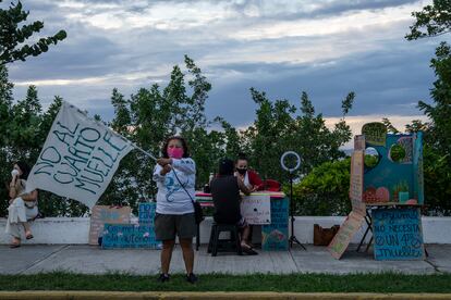 La activista Guadalupe Martín Cab ondea una bandera durante la recogida de firmas en contra del cuarto muelle, el 22 de enero.