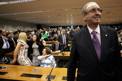 O presidente da Câmara dos Deputados, Eduardo Cunha, durante a reunião do PMDB, nesta terça.