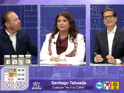 Fragmento de la transmisión de Santiago Taboada, Clara Brugada y Salomón Chertorivski, durante el segundo debate.