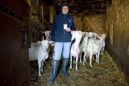 Sabine Tholoniat, a 33-year-old mother of four who produces cheese in the Puy-de-Dome area of central France poses by her goats holding her voting card on February 15, 2017.
What should be the priorities of the next French president?
"I want the president to tackle the issue of agriculture and defend producers to the very end -- I'd like he or she to order that French products have to be used nationally in state-run canteens. Things are improving but not quickly enough. We don't want to live on subsidies, we want fair prices. In 2016, we were paid 27 euro cents a litre for milk while in big supermarkets consumers pay about 60 cents. We also want the next president to fight for standards to be harmonised at a European level. At the moment they are more drastic in France than in the rest of the EU and they are suffocating us."  / AFP PHOTO / Thierry Zoccolan / RESTRICTED TO EDITORIAL USE - RESTRICTED TO FRENCH ELECTIONS ILLUSTRATION PURPOSE