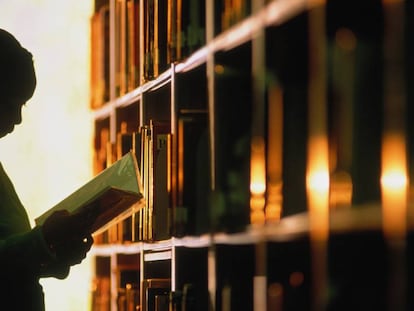 Una niña en una biblioteca.