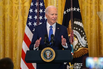 President Joe Biden speaks during a reception in the East Room of the White House in Washington, DC, on March 18, 2024.
